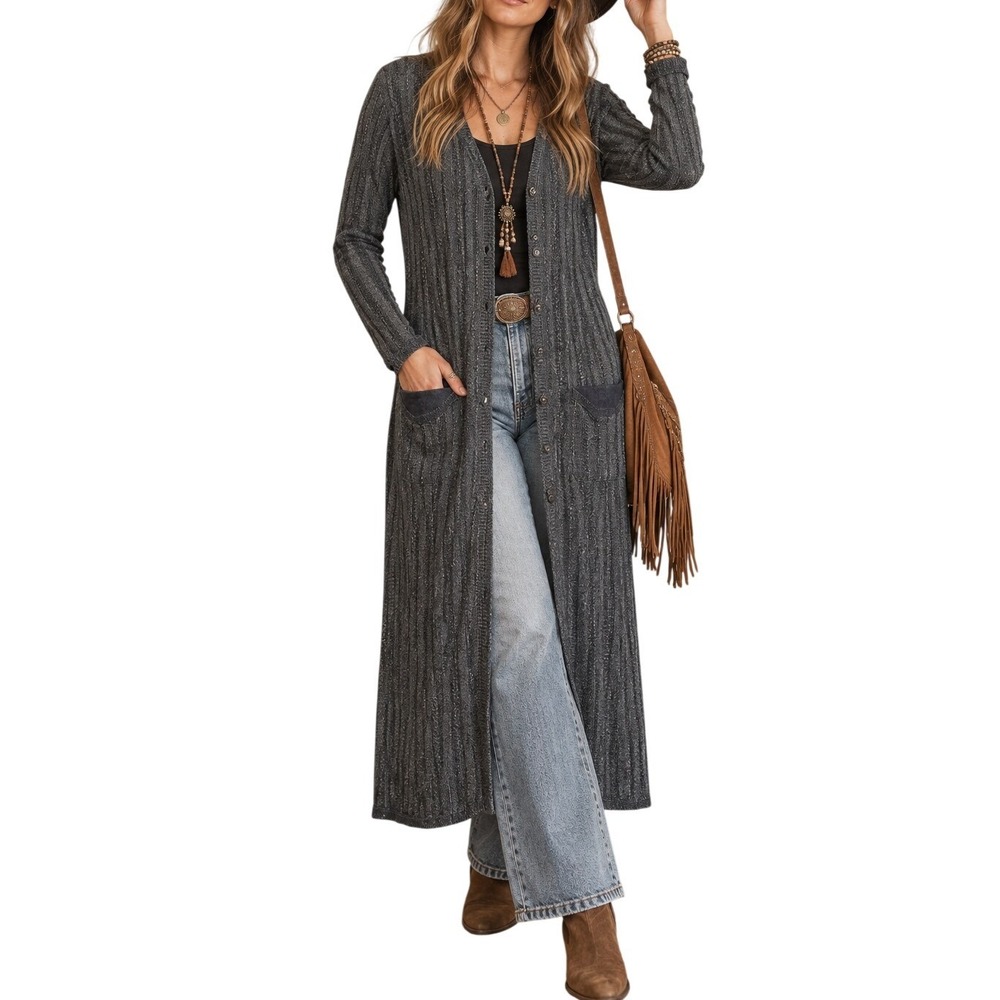 DKNY Vintage Knit Long Maxi Duster Cardigan Gray Button Linen Sweater Small